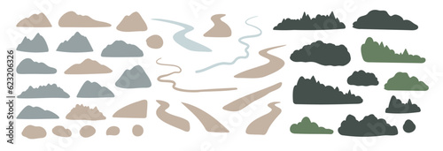 mountain landscape creator clipart, vector travel illustration, road trip clip art, mountain scene images in flat cartoon style, abstract nature, rock forest tourist hiking