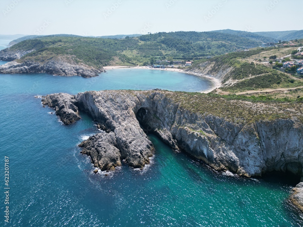 amazing drone shot of coastline with rocks near black sea in Turkey