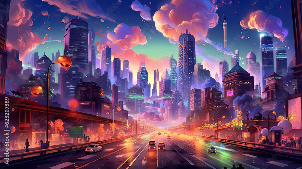 Cityscape with glowing skyscrapers watercolor illustration - Generative AI.