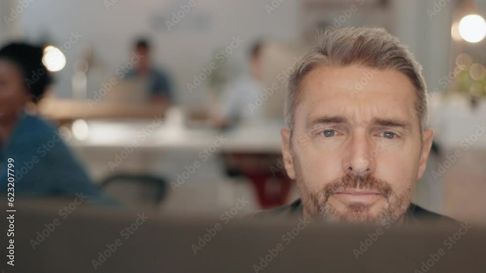 Glasses, computer or man reading email or online research report in office with focus for serious planning. Pc, concentration or senior journalist proofreading article on digital news website or blog