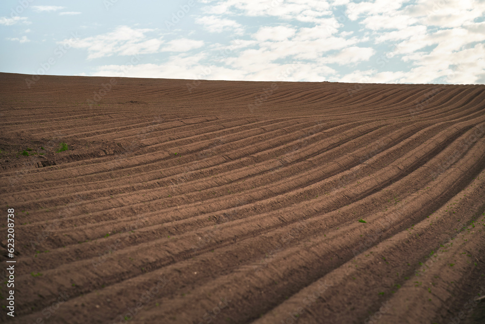 Brown agricultural soil of a field. Plowed field prepared and cultivated. Rural farm landscape