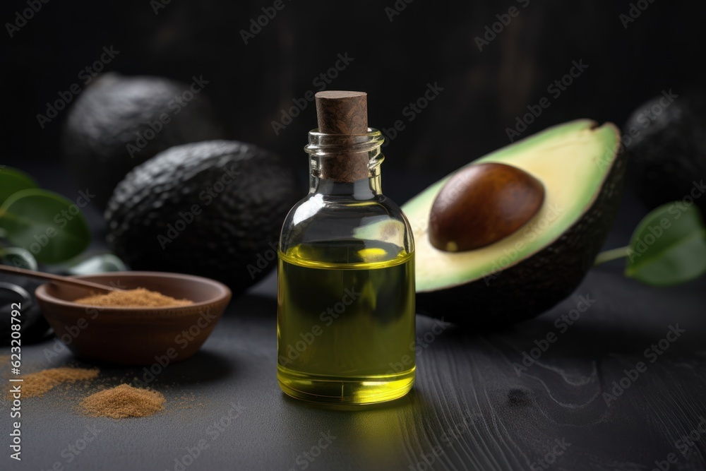 Avocado natural essential oil in glass bottle with fresh avocado fruit, still life composition. 