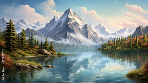A beautiful  mountain range reflected in the calm waters of a serene lake.  © reddish