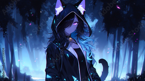 Young cat girl, anime character, cute pointy ears. Colourful background wallpaper. Created with Generative AI.