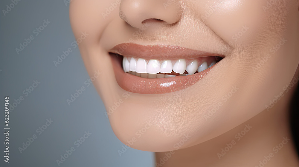 Fototapeta premium Close up of a woman's mouth, smiling woman white teeth
