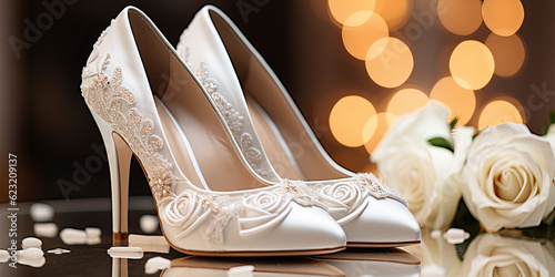 Close-up of white wedding shoes high heeled and white roses in the background