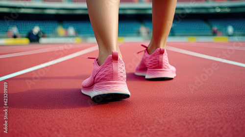 Close up of female athlete wearing textile shoes and jogging 