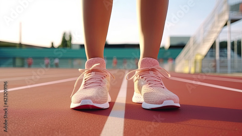Close up of female athlete wearing textile shoes and jogging 
