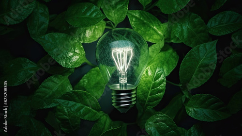 Green eco friendly lightbulb with fresh leaves, concept of Renewable Energy and Sustainable Living