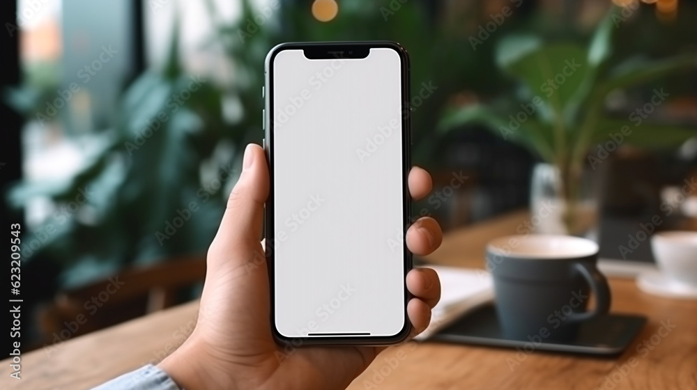 man holding smartphone with white screen, close-up. Generative Ai. 