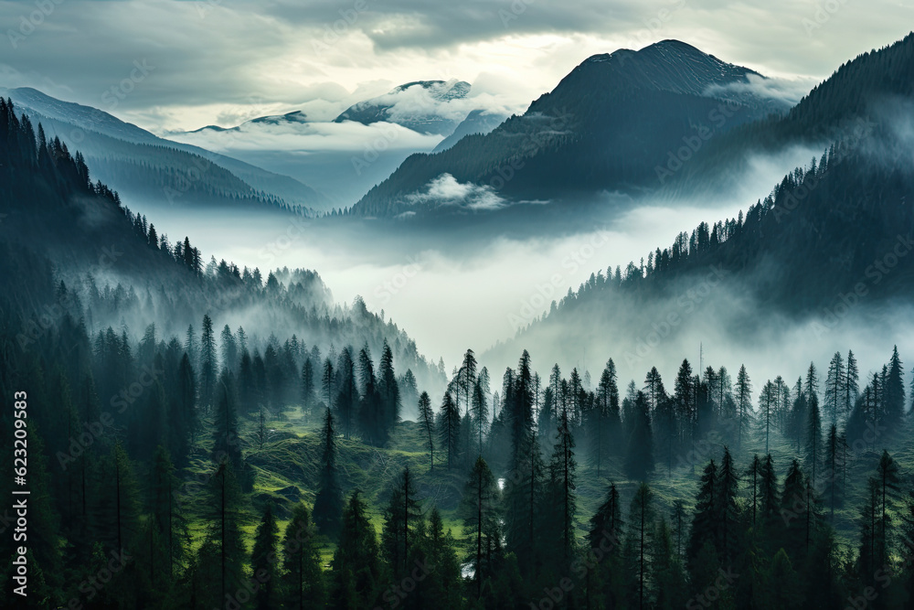 Misty morning in mountains