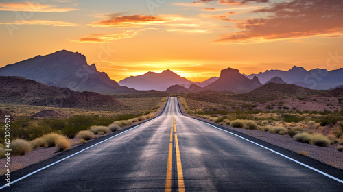 road in the mountains at sunset. Generative Ai.  © PETR BABKIN