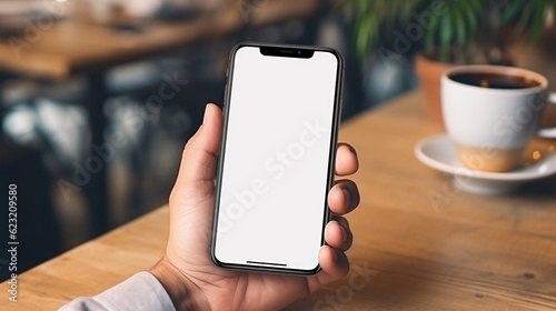 male hand holding smartphone with blank white screen. Generative Ai. 