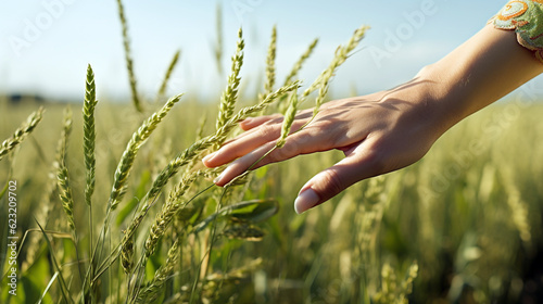 a woman with her hand strokes the spikelets of wheat on a sunny day. Generative Ai. 