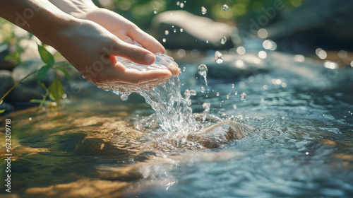 female hands scoop clean water from a spring on a sunny morning. Generative Ai. 