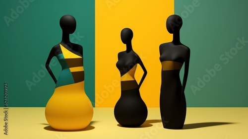 Art composition of three faceless and legless female mannequins. Tumbler dolls in fashion style. Figures antistress. Generative AI illustration for cover, card, postcard, interior design or print. photo