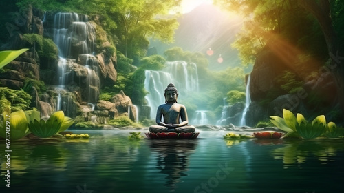 Buddha in the lotus position at the waterfalls in the park on a sunny day. Generative Ai. 