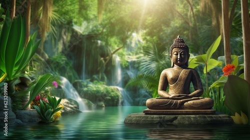Buddha statue in a green garden near a pond. Generative Ai. 