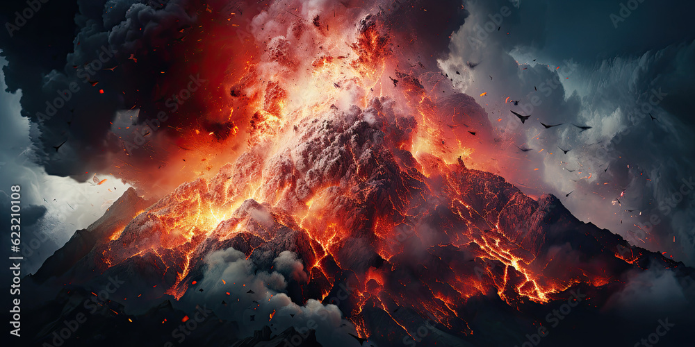 Volcanic eruption, volcano close-up