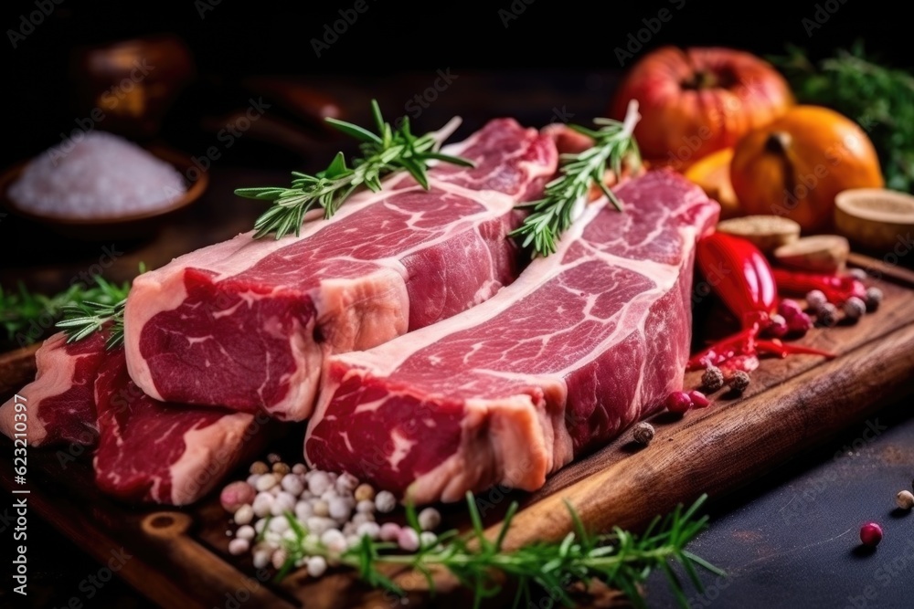 raw meat with spices on board raw meat with spices on board