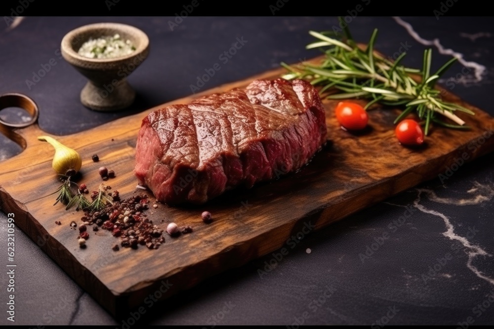 raw meat with spices on board raw meat with spices on board