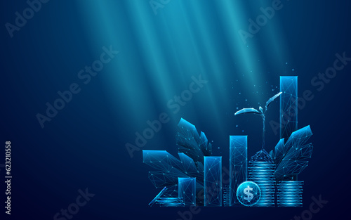 Sustainable Economy Concept. Dollar Coins, Plants, and Growth Chart in Blue on Technological Background. Abstract Finance and Environment Banner. Digital Low Poly Wireframe Vector Illustration.