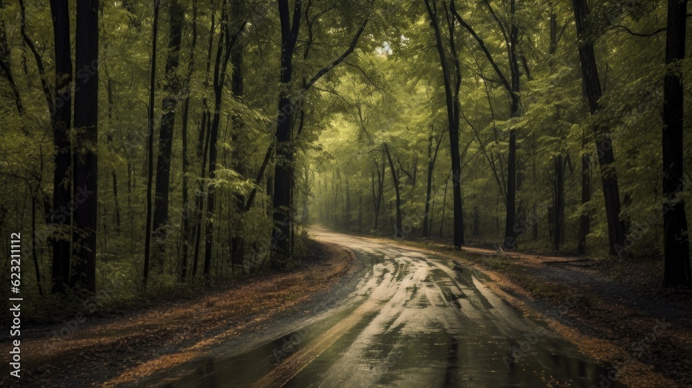 Road in the middle of dark forest at rainy foggy day