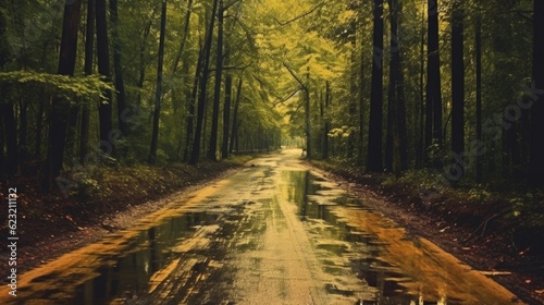 Road in the middle of dark forest at rainy foggy day