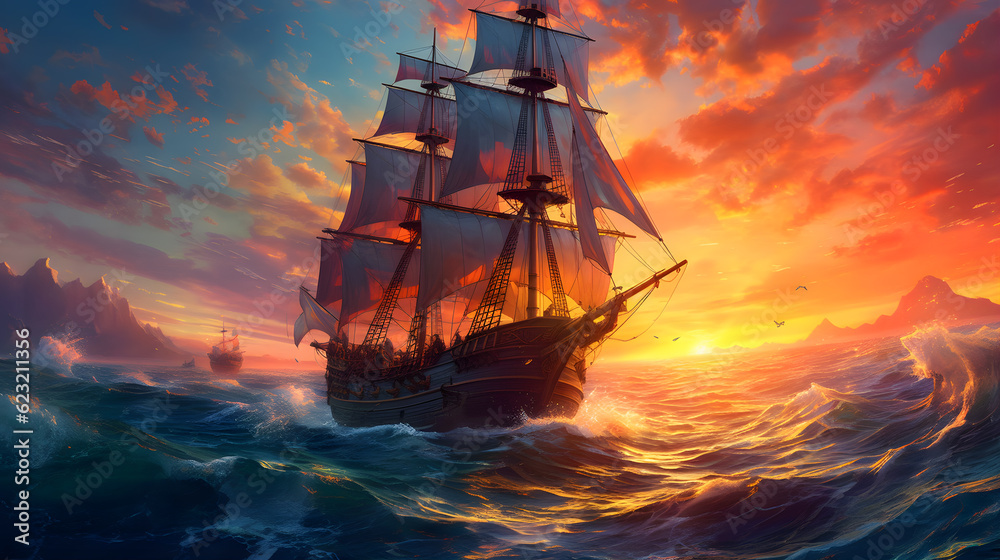 Obraz premium A group of adventurers sailing across a vast open sea, under a vibrant sunset sky, a mix of anticipation and freedom.