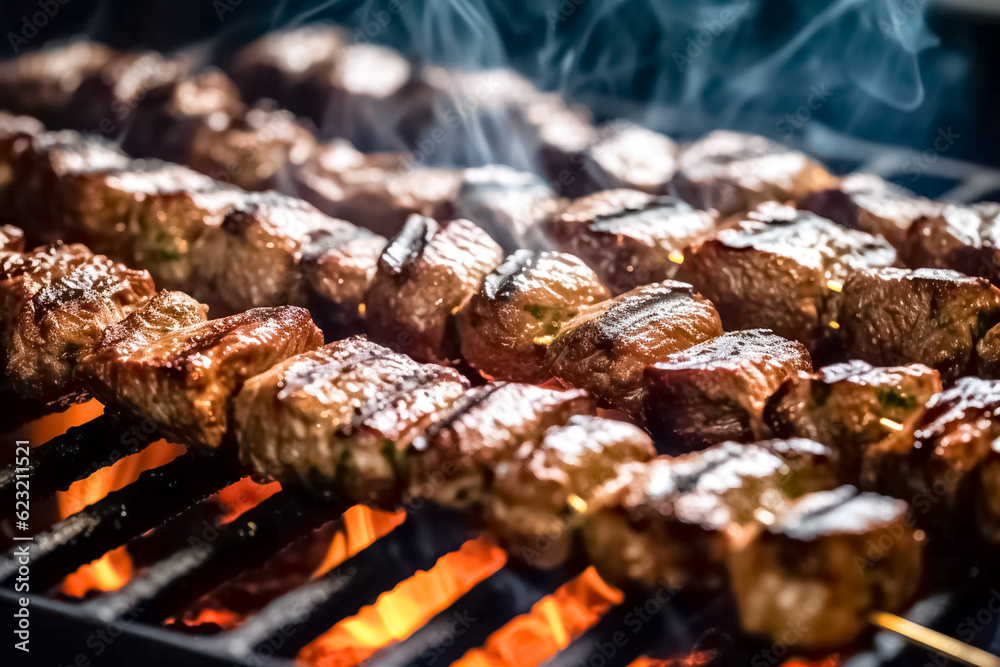 Delicious grilled meat on a barbecue. Summer or spring barbecue outdoors. Delicious grilled meat on a barbecue. Summer or spring barbecue outdoors.