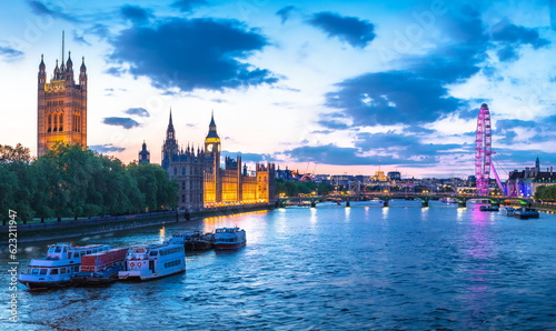 Bigh Ben and Thames riverfront sundown panoramic view in London