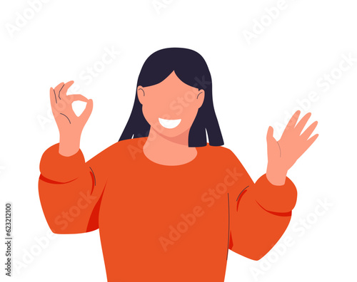 Young woman showing OK sign, smiling and confident. Hand drawn in thin line style, vector illustration. Good, success