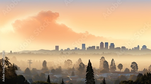 AI-generated illustration of suburbs and a distant city as seen through the orange smoke of a wildfire. MidJourney.