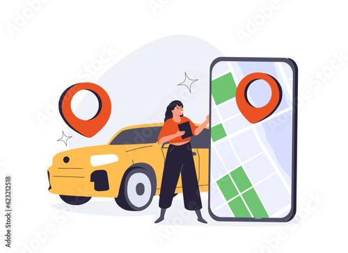 Online ordering taxi car, rent and sharing using service mobile application. Man near smartphone screen with route