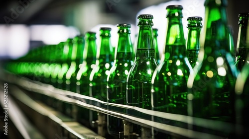 Tableau sur toile Green beer bottles on production line, factory background