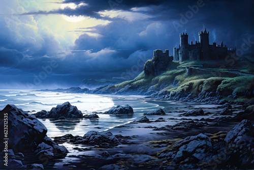 Celtic landscape painting, castle on rocky cliff by ocean shore, dark, moody