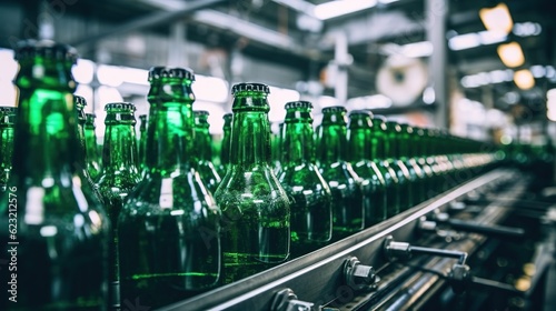 Green beer bottles on production line  factory background. Created with Generative Ai technology.