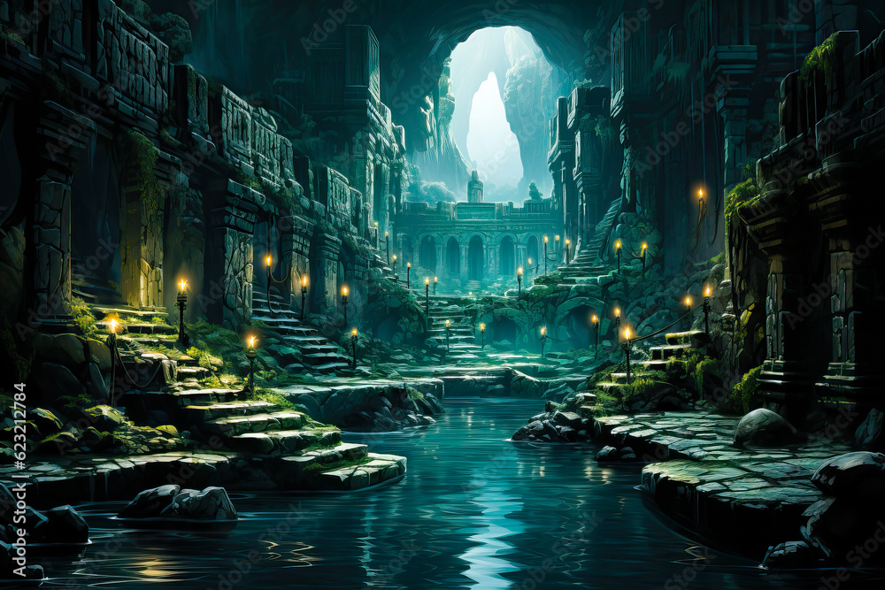 Old ancient stone ruins, fantasy landscape painting, concept art, background