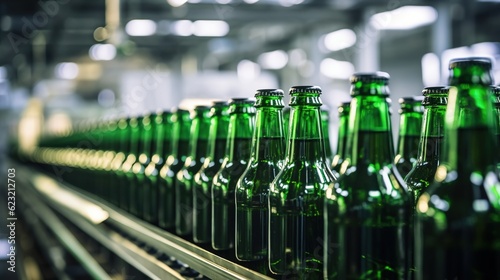 Green beer bottles on production line  factory background. Created with Generative Ai technology.
