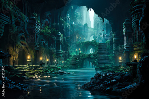 Old ancient stone ruins  fantasy landscape painting  concept art  background
