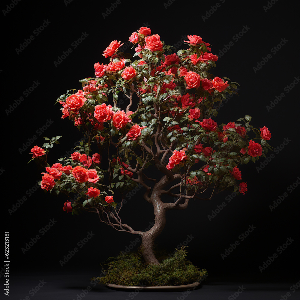 Isolated 3d shrub with red pink roses on black background, flowering shrub, rose bush, roses, Generative AI