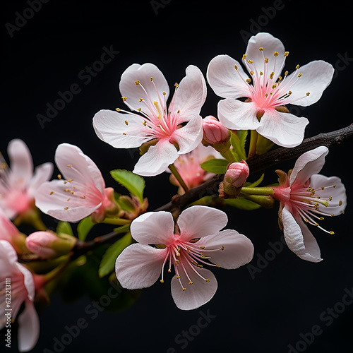 isolated apple cherry blossom branch with white flowers on black background, Generative AI