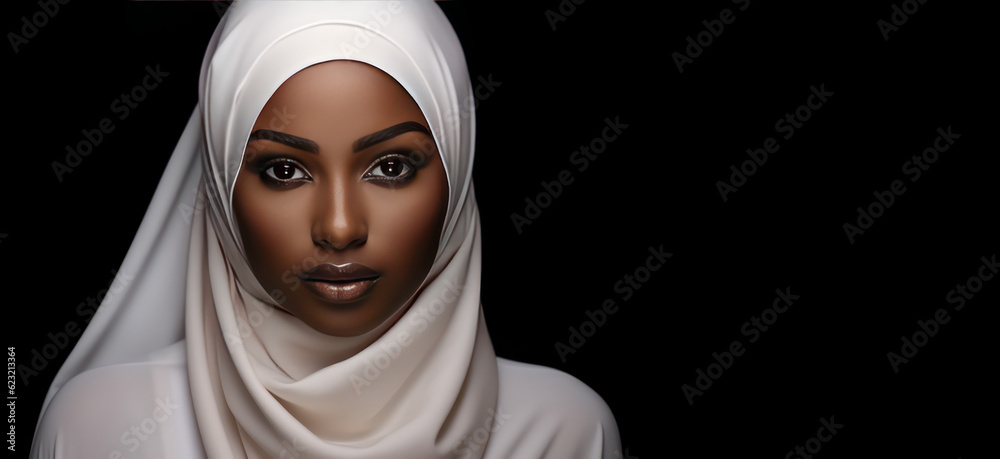 African dark-skinned woman wearing a white hijab headscarf. Portrait isolated on black flat background with copy space. Generative AI photo.