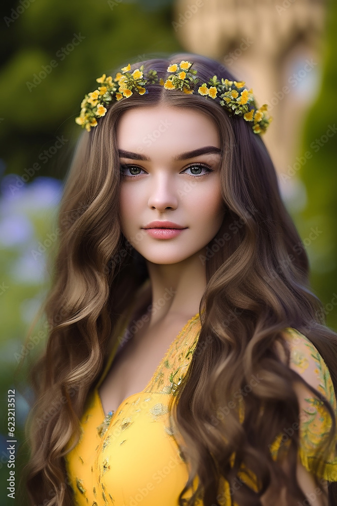 fantasy illustration, woman with brown hair with a wreath on her head and in a yellow dress, princess, art, fantasy, Generative AI