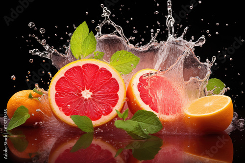 tropical fruit water splash on black background
