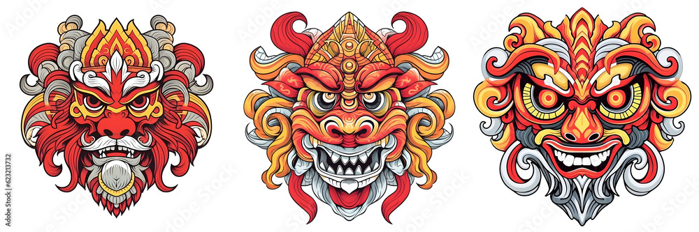 Mask design in traditional balinese motifs, indian mask, colorful cartoon, dynamic and exaggerated facial expressions on white background. Generative ai. Mask design in traditional balinese motifs, indian mask, colorful cartoon, dynamic and exaggerated facial expressions on white background. Generative ai.