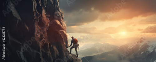 Climber on a rock in sunset light, panorama photo