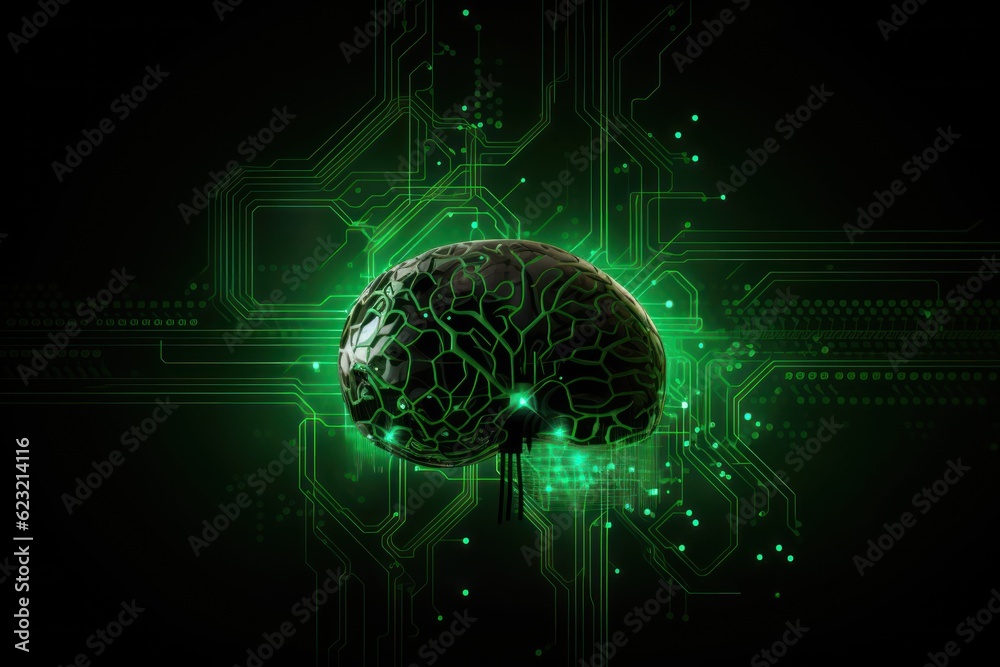 Human brain Artificial intelligence computer data technologies. Futuristic Cyber Technology Innovation. Brain with circuit board and microchips. Deep machine learning and AI neural network concept.