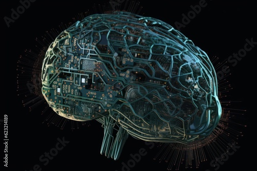 Human brain Artificial intelligence computer data technologies. Futuristic Cyber Technology Innovation. Brain with circuit board and microchips. Deep machine learning and AI neural network concept.