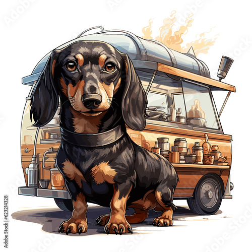 an antropomorphic Dachshund serving coffee , TShirt Design , graphic design, Generative Ai photo